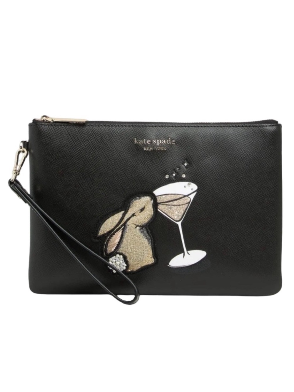 RARE kate spade black wristlet with gold bunny and white cocktail appliqué